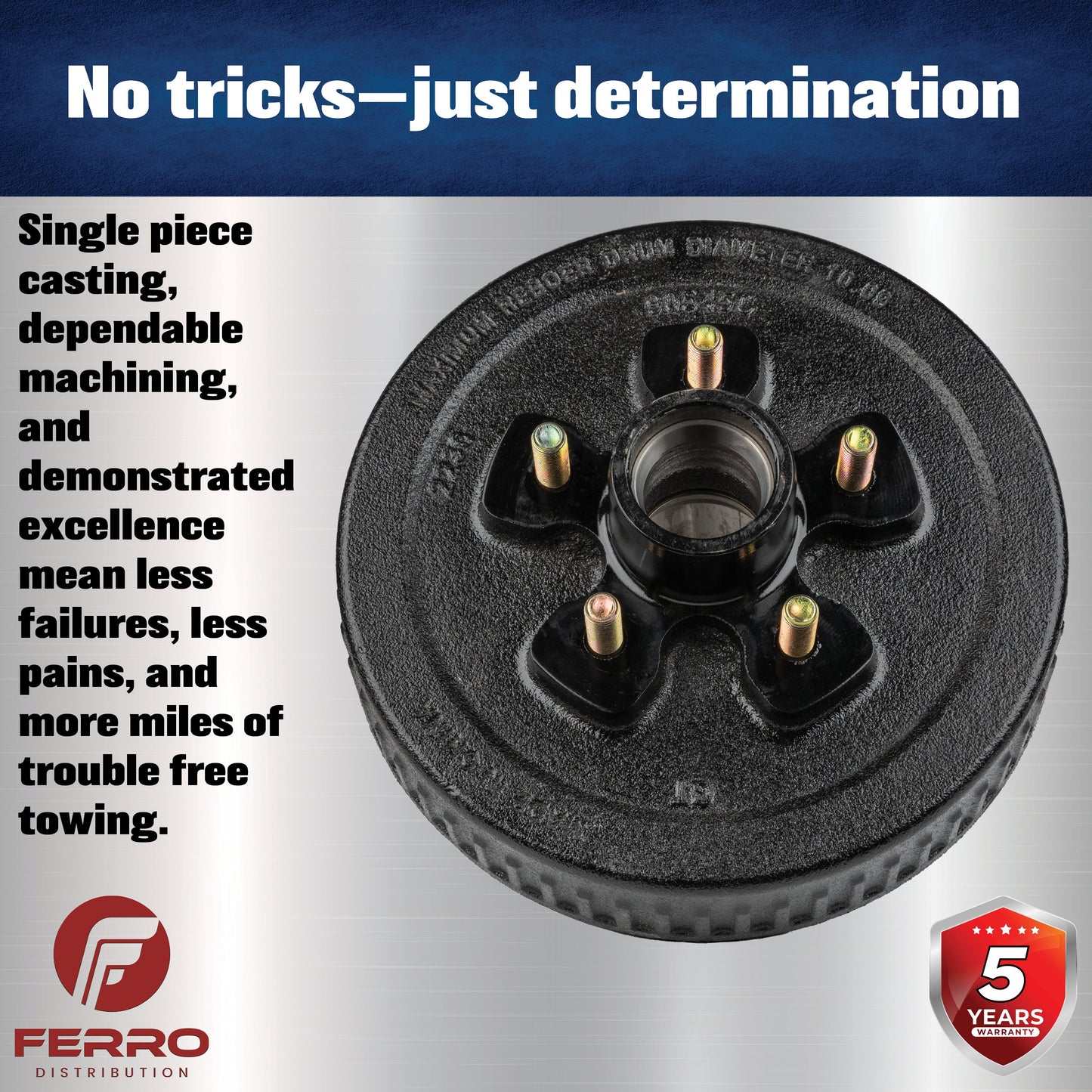Trailer Hub & Drum Assembly – 3,500 lb Capacity, 5 on 4.5" Bolt Pattern, 1/2"-20 Studs, Fits 10" Brakes (Ferro Distribution) F02001