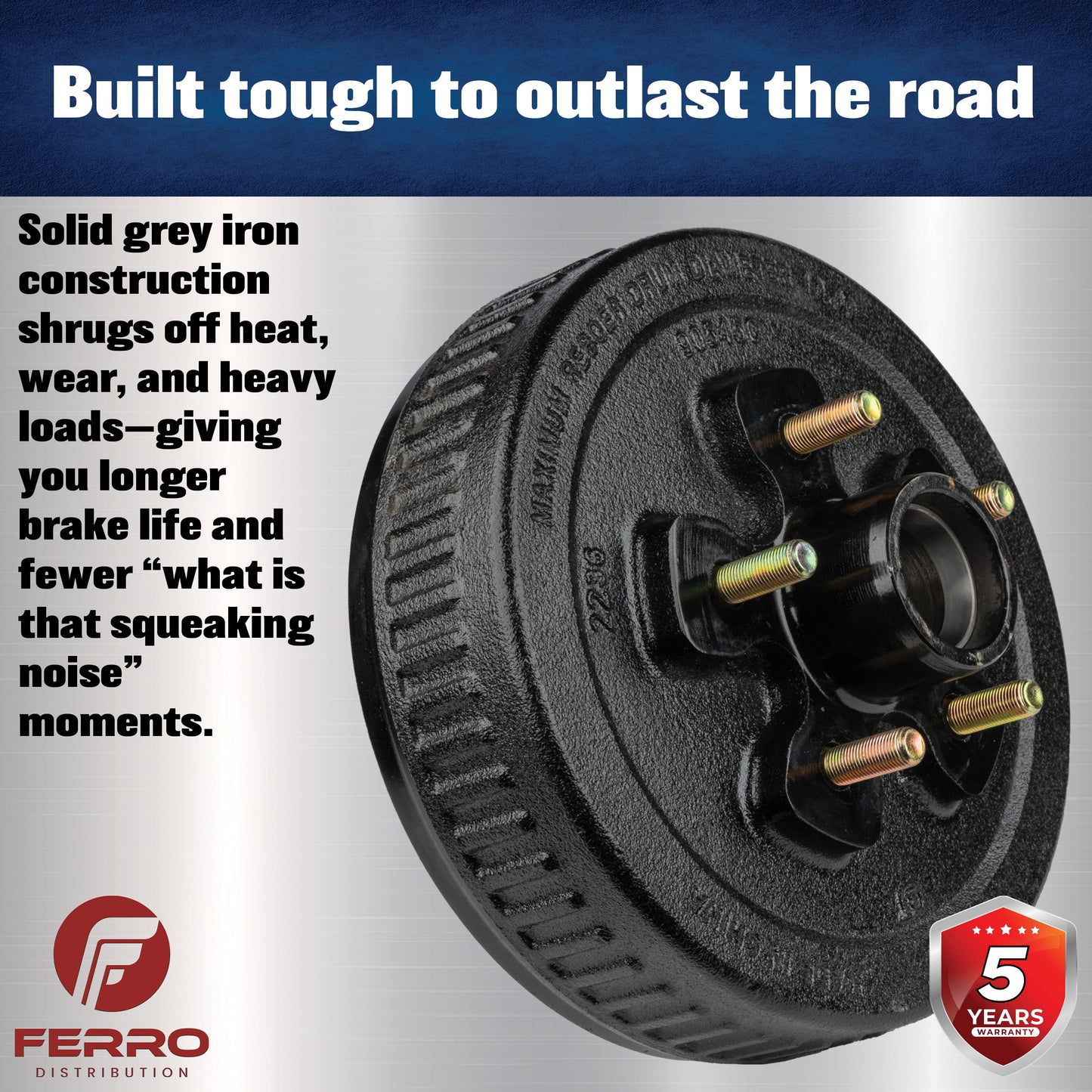 Trailer Hub & Drum Assembly – 3,500 lb Capacity, 5 on 4.5" Bolt Pattern, 1/2"-20 Studs, Fits 10" Brakes (Ferro Distribution) F02001