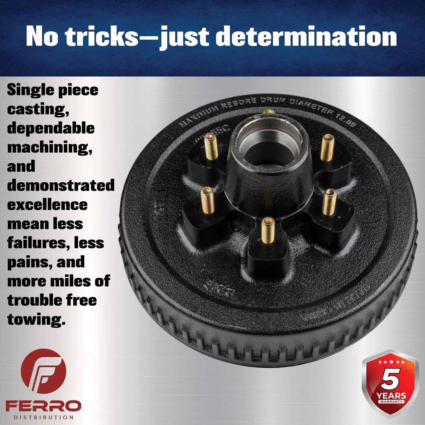 Trailer Hub & Drum Assembly – 6,000 lb Capacity, 6 on 5.5" Bolt Pattern, 1/2"-20 Studs, Fits 12" Brakes (Ferro Distribution) F02002