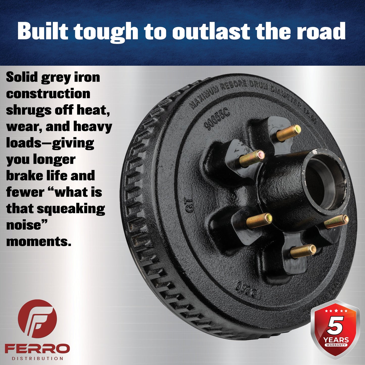 Trailer Hub & Drum Assembly – 6,000 lb Capacity, 6 on 5.5" Bolt Pattern, 1/2"-20 Studs, Fits 12" Brakes (Ferro Distribution) F02002