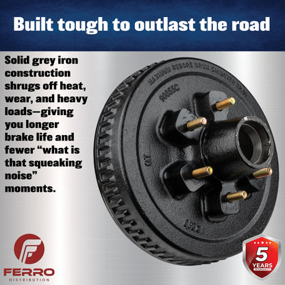 Trailer Hub & Drum Assembly – 6,000 lb Capacity, 6 on 5.5" Bolt Pattern, 1/2"-20 Studs, Fits 12" Brakes (Ferro Distribution) F02002