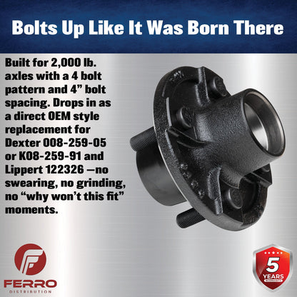 Trailer Idler Hub – 2,000 lb Capacity, 5 on 4.5" Bolt Pattern, 1/2"-20 Studs (Ferro Distribution) F02006