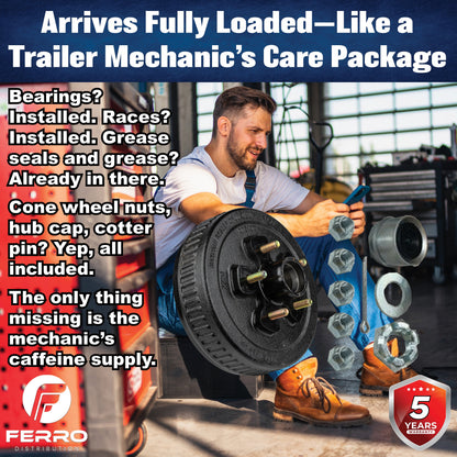 Loaded Hub & Drum Assembly – 3,500 lb Capacity, 5 on 4.5" Bolt Pattern, 1/2"-20 Studs, Fits 10" Brakes (Ferro Distribution) F02008