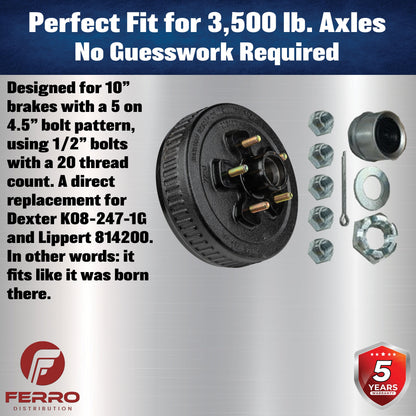 Loaded Hub & Drum Assembly – 3,500 lb Capacity, 5 on 4.5" Bolt Pattern, 1/2"-20 Studs, Fits 10" Brakes (Ferro Distribution) F02008