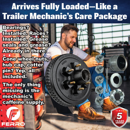 Loaded Hub & Drum Assembly – 6,000 lb Capacity, 6 on 5.5" Bolt Pattern, 1/2"-20 Studs, Fits 12" Brakes (Ferro Distribution) F02009