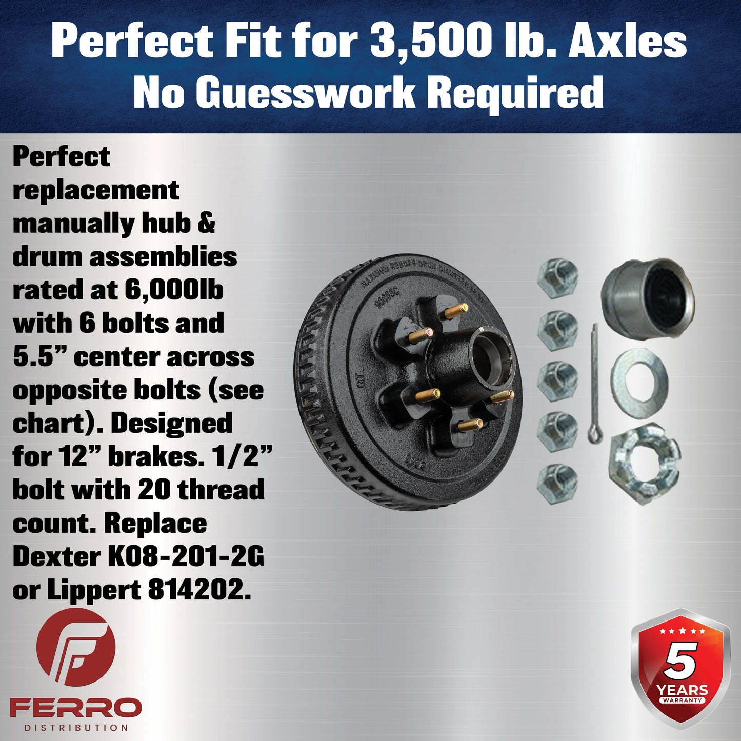 Loaded Hub & Drum Assembly – 6,000 lb Capacity, 6 on 5.5" Bolt Pattern, 1/2"-20 Studs, Fits 12" Brakes (Ferro Distribution) F02009