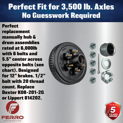 Loaded Hub & Drum Assembly – 6,000 lb Capacity, 6 on 5.5" Bolt Pattern, 1/2"-20 Studs, Fits 12" Brakes (Ferro Distribution) F02009