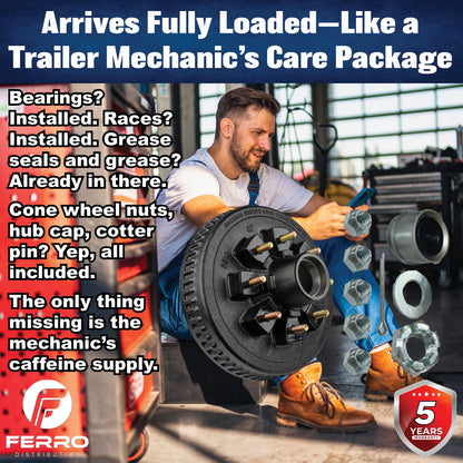 Loaded Hub & Drum Assembly – 7,000 lb Capacity, 8 on 6.5" Bolt Pattern, 1/2"-20 Studs, Fits 12" Brakes (Ferro Distribution) F02010