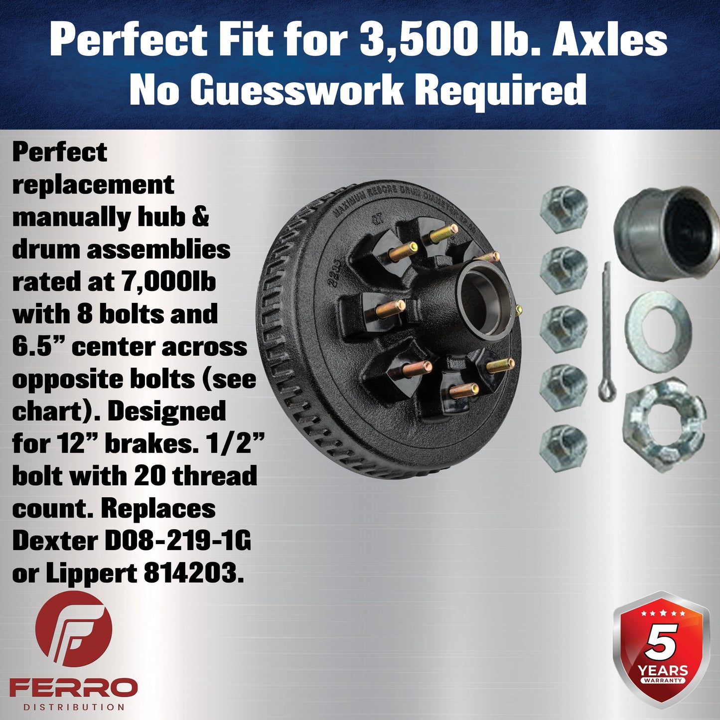 Loaded Hub & Drum Assembly – 7,000 lb Capacity, 8 on 6.5" Bolt Pattern, 1/2"-20 Studs, Fits 12" Brakes (Ferro Distribution) F02010