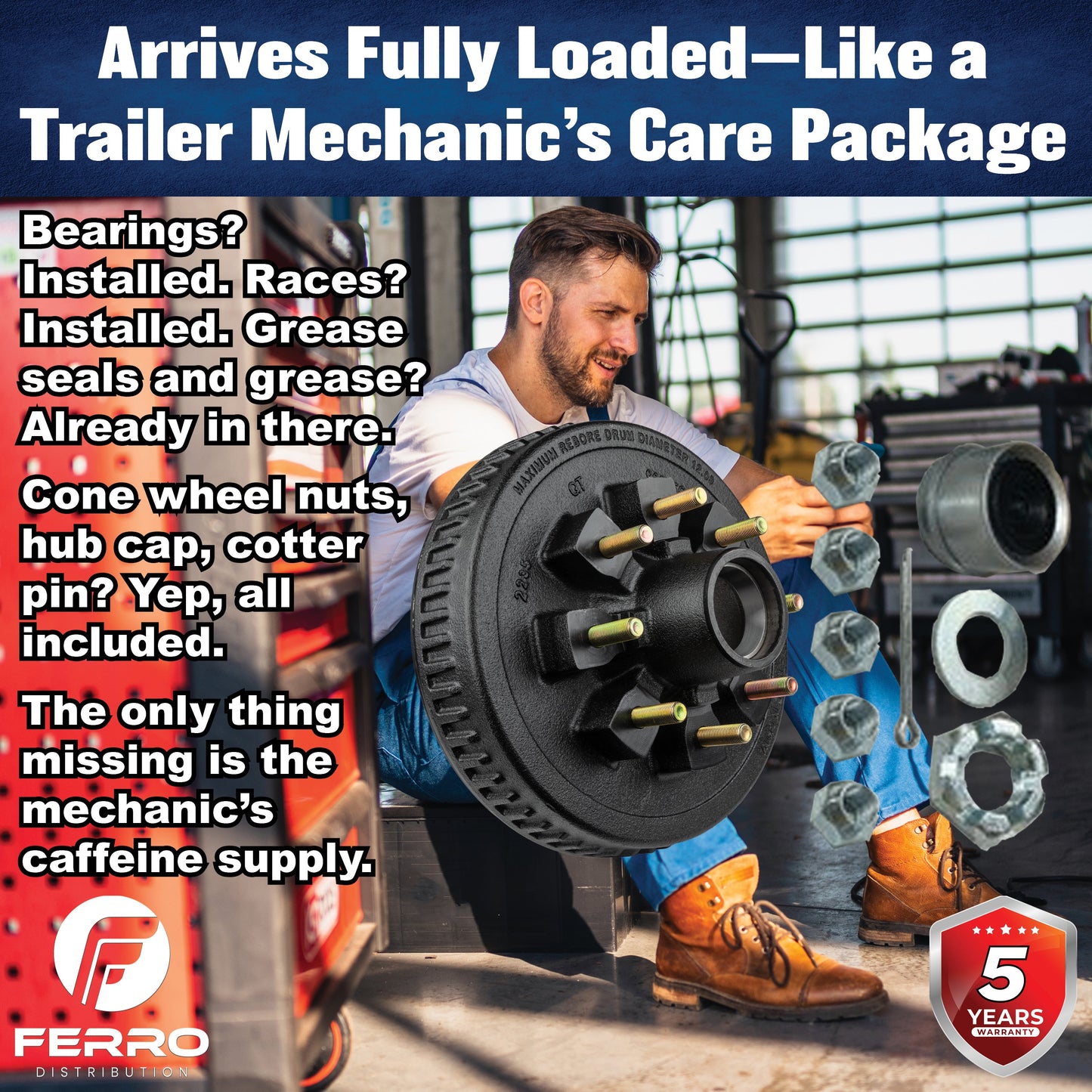 Loaded Hub & Drum Assembly – 7,000 lb Capacity, 8 on 6.5" Bolt Pattern, 9/16"-18 Studs, Fits 12" Brakes (Ferro Distribution) F02011