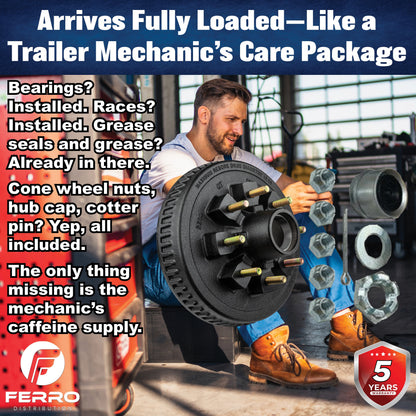 Loaded Hub & Drum Assembly – 7,000 lb Capacity, 8 on 6.5" Bolt Pattern, 9/16"-18 Studs, Fits 12" Brakes (Ferro Distribution) F02011