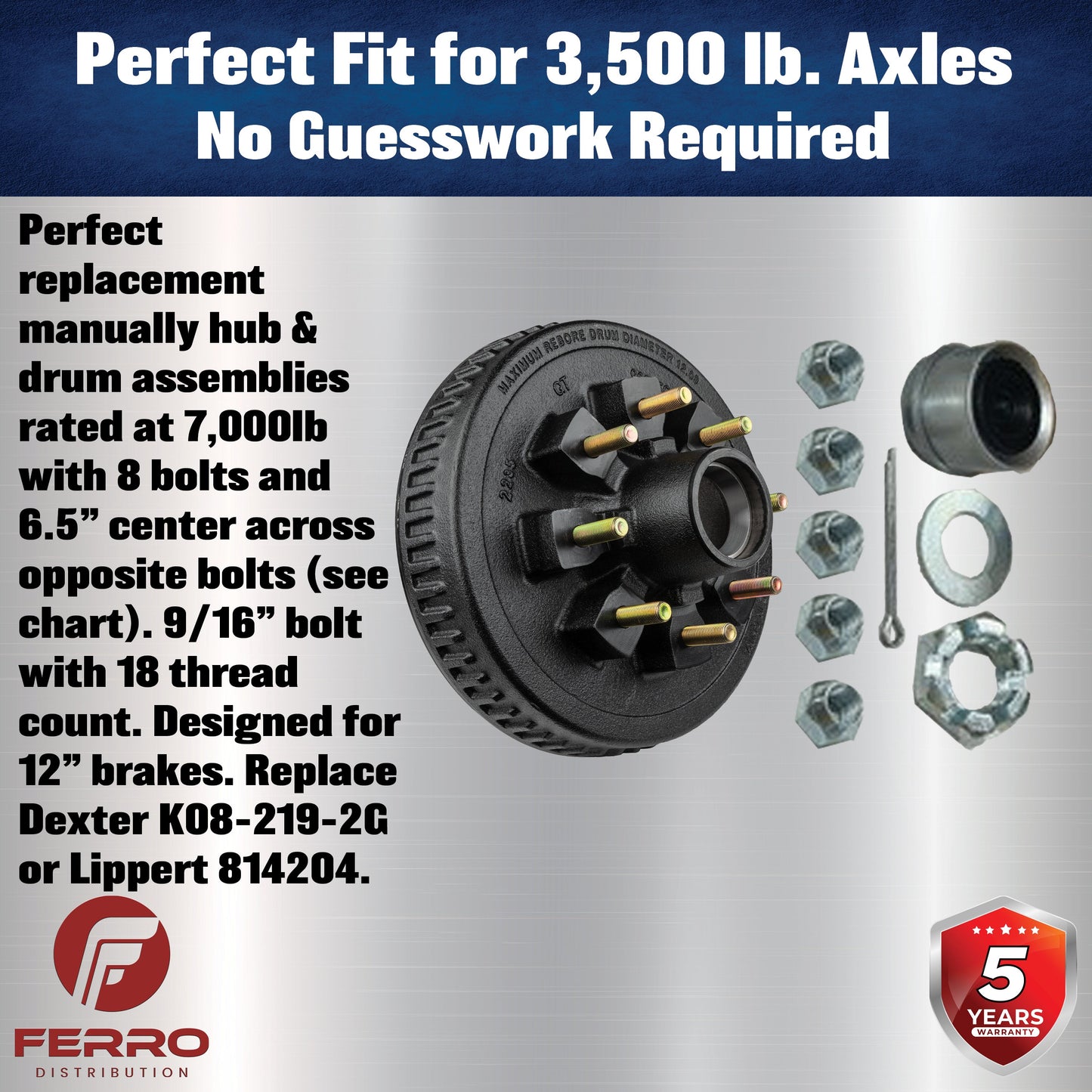 Loaded Hub & Drum Assembly – 7,000 lb Capacity, 8 on 6.5" Bolt Pattern, 9/16"-18 Studs, Fits 12" Brakes (Ferro Distribution) F02011