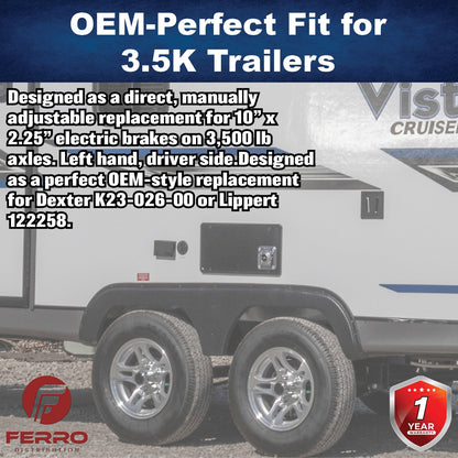 10" x 2.25" Electric Trailer Brake Assembly – Manual Adjust, 3,500 lb, Left‑Hand, Boxed (Ferro Distribution) F02018