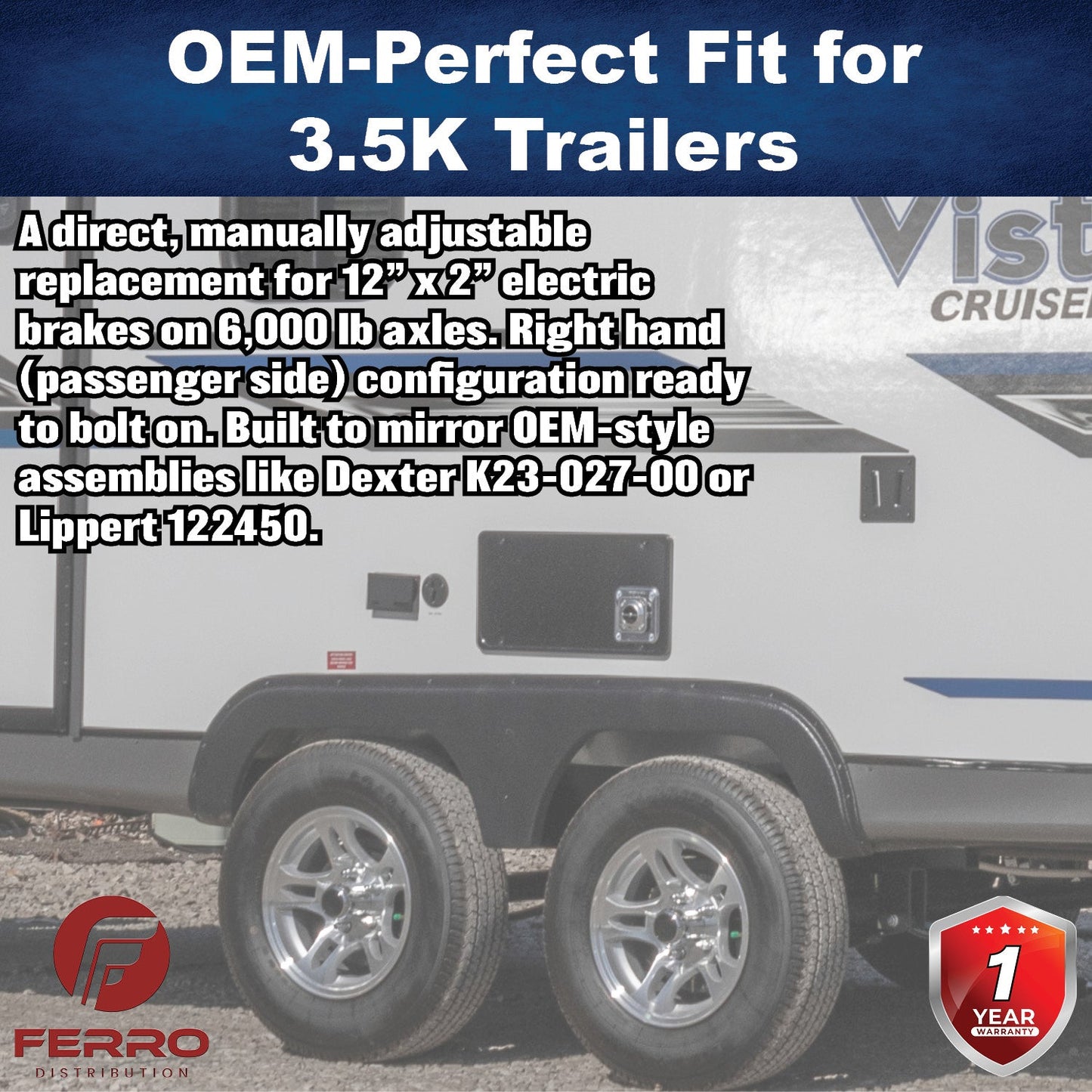 10" x 2.25" Electric Trailer Brake Assembly – Manual Adjust, 3,500 lb, Right‑Hand, Boxed (Ferro Distribution) F02019