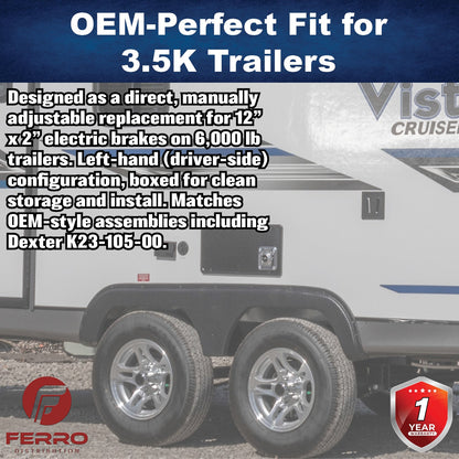 12" x 2" Electric Trailer Brake Assembly – Manual Adjust, 6,000 lb, Left‑Hand, Boxed (Ferro Distribution) F02020