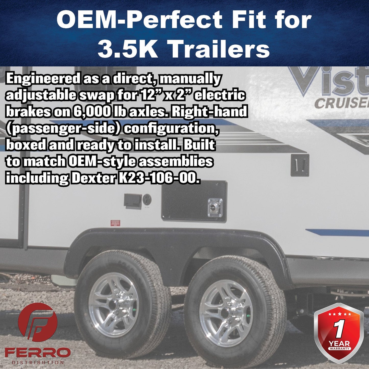 12" x 2" Electric Trailer Brake Assembly – Manual Adjust, 6,000 lb, Right‑Hand, Boxed (Ferro Distribution) F02021
