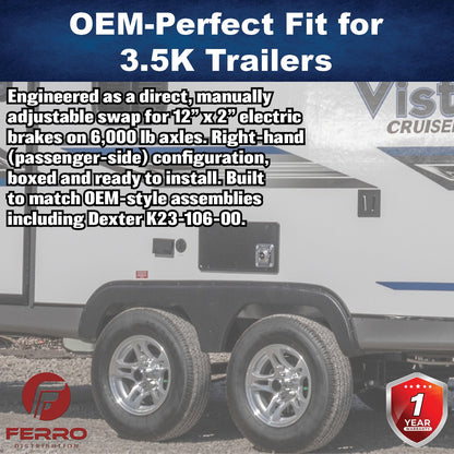 12" x 2" Electric Trailer Brake Assembly – Manual Adjust, 6,000 lb, Right‑Hand, Boxed (Ferro Distribution) F02021