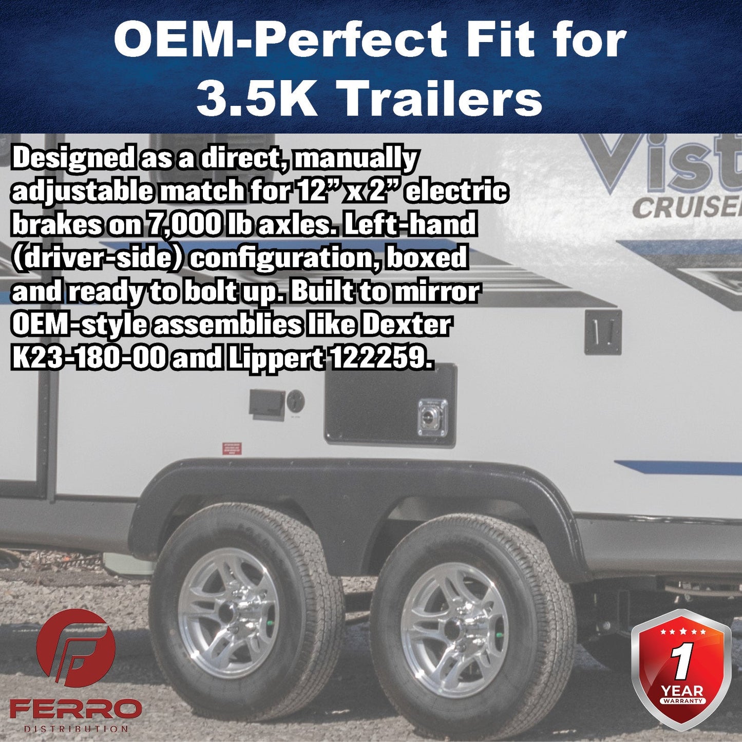 12" x 2" Electric Trailer Brake Assembly – Manual Adjust, 7,000 lb, Left‑Hand, Boxed (Ferro Distribution) F02022