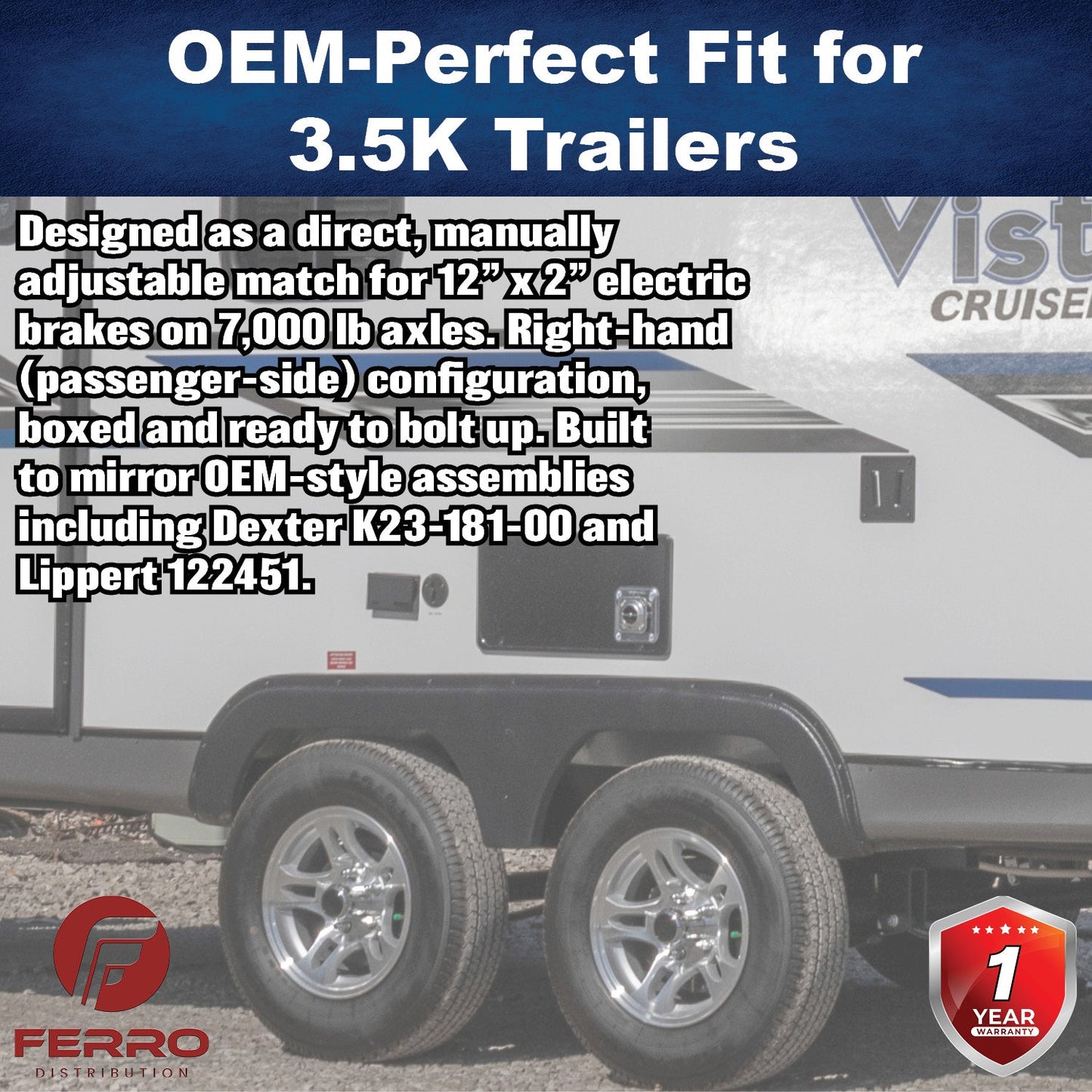 12" x 2" Electric Trailer Brake Assembly – Manual Adjust, 7,000 lb, Right‑Hand, Boxed (Ferro Distribution) F02023