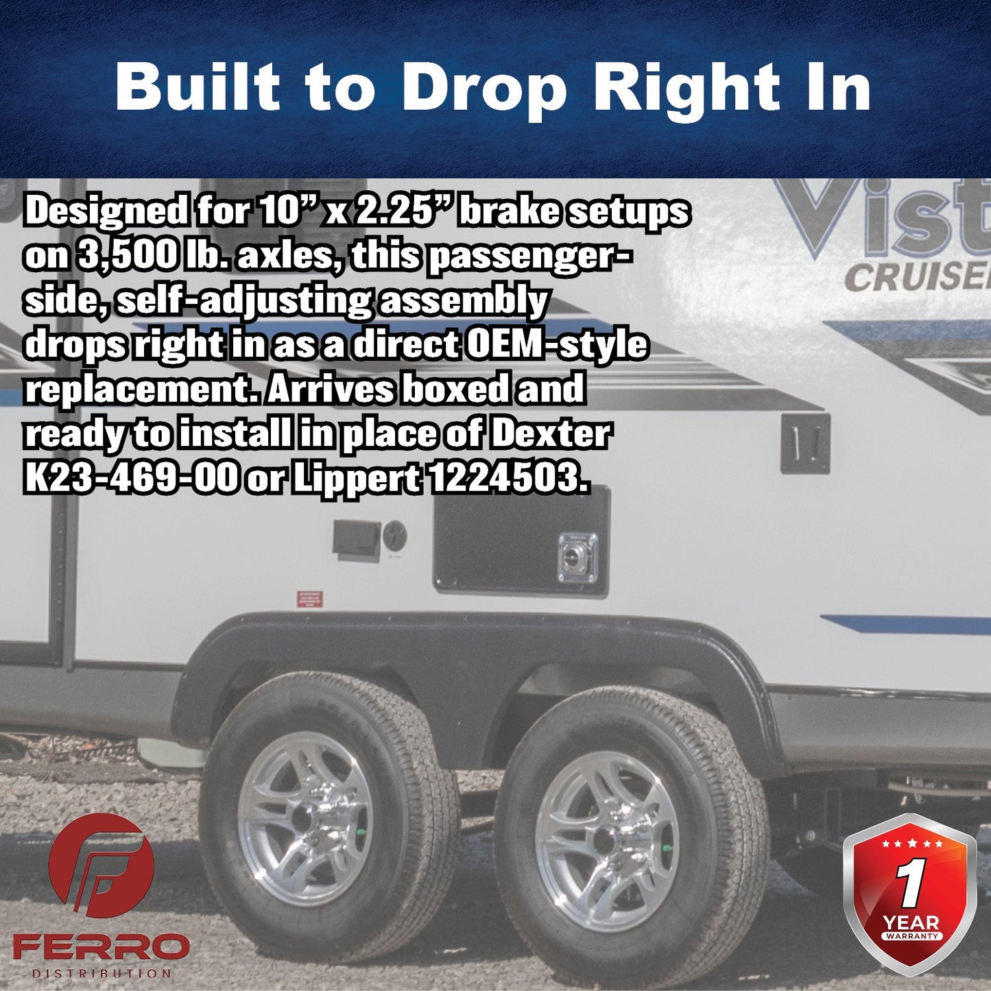 10" x 2.25" Self‑Adjusting Electric Trailer Brake Assembly – 3,500 lb, Right‑Hand, Boxed (Ferro Distribution) F02039