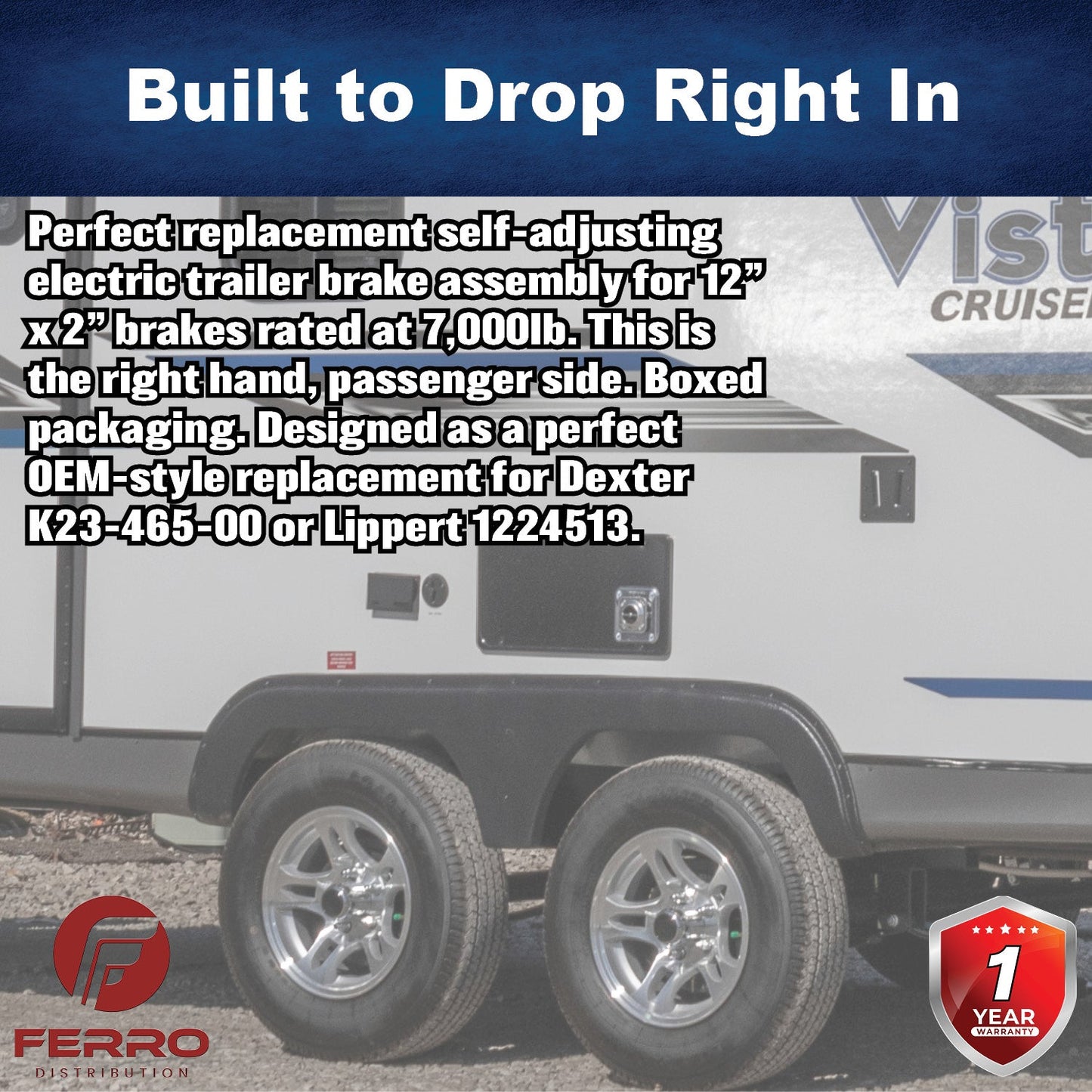12" x 2" Self‑Adjusting Electric Trailer Brake Assembly – 7,000 lb, Right‑Hand, Boxed (Ferro Distribution) F02041
