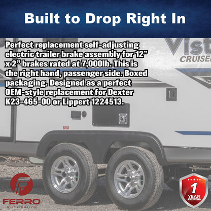 12" x 2" Self‑Adjusting Electric Trailer Brake Assembly – 7,000 lb, Right‑Hand, Boxed (Ferro Distribution) F02041