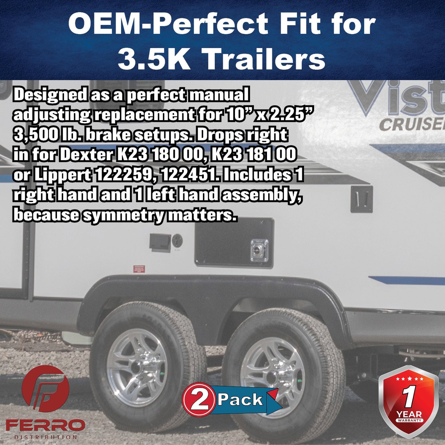 Trailer Brake Kit – Two 10" x 2.25" Manual‑Adjusting Electric Brakes, 3,500 lb Axles (Ferro Distribution) F02042