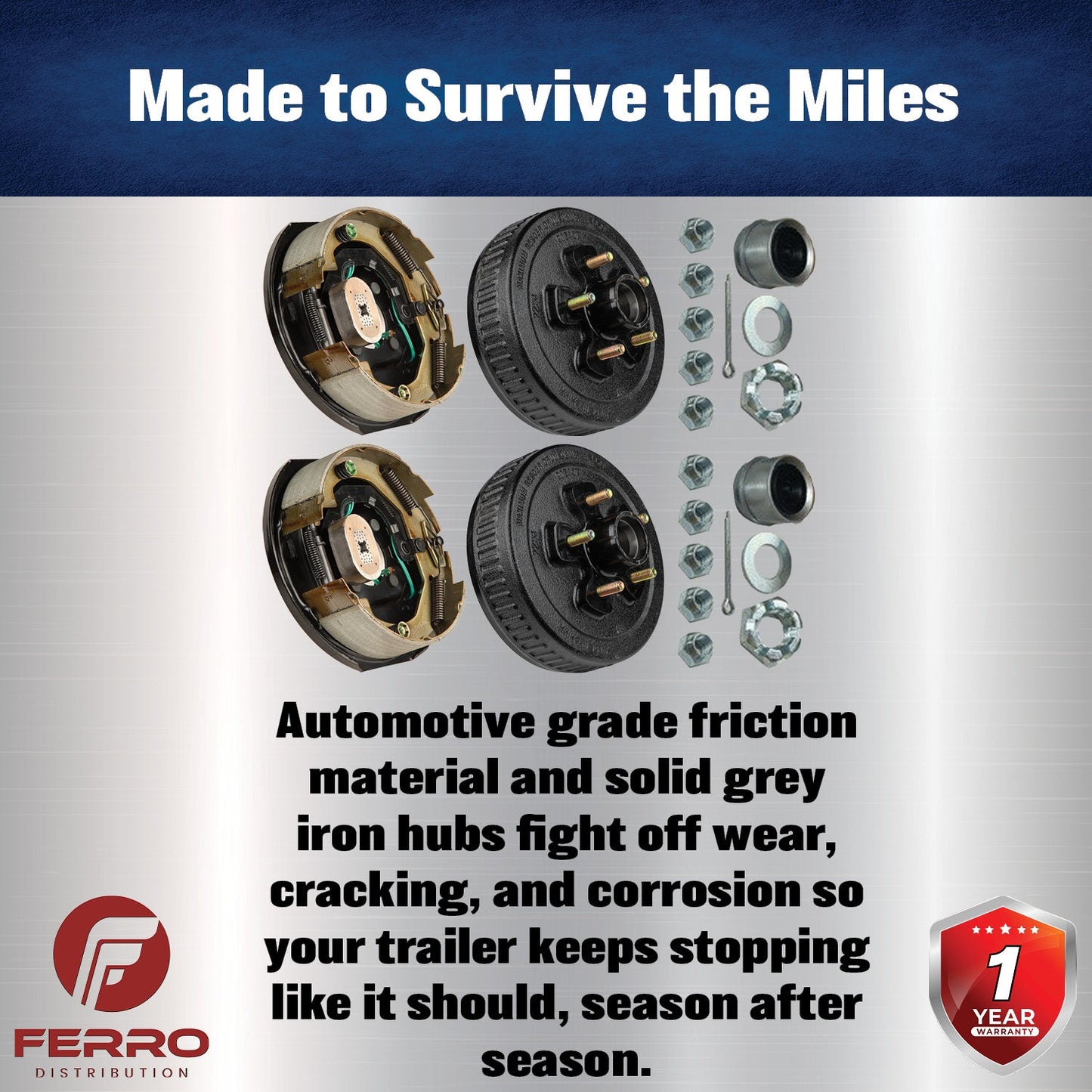 Trailer Brake & Hub Kit – Two 10" x 2.25" Manual‑Adjusting Brakes + Two 10" Loaded Hubs, 3,500 lb Axles (Ferro Distribution) F02044