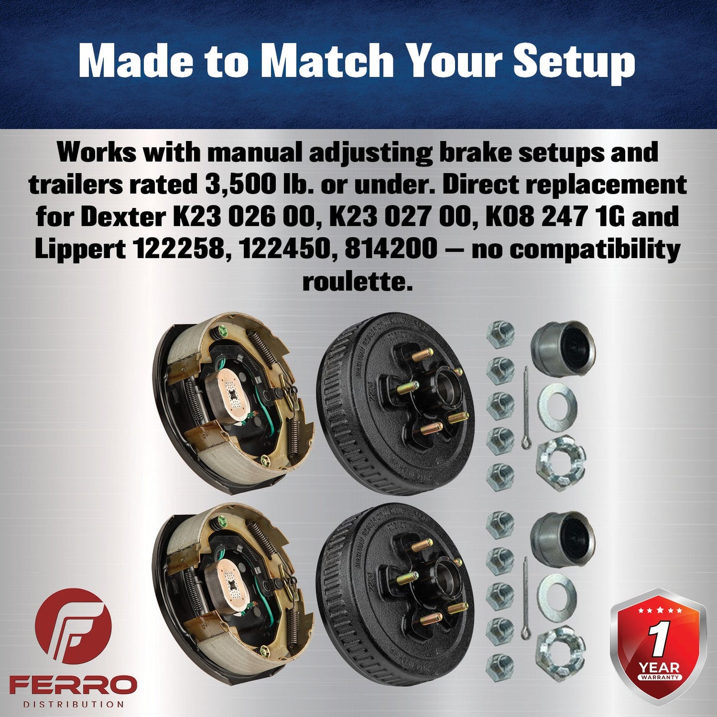 Trailer Brake & Hub Kit – Two 10" x 2.25" Manual‑Adjusting Brakes + Two 10" Loaded Hubs, 3,500 lb Axles (Ferro Distribution) F02044