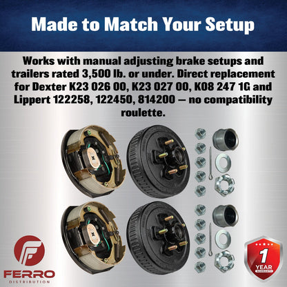 Trailer Brake & Hub Kit – Two 10" x 2.25" Manual‑Adjusting Brakes + Two 10" Loaded Hubs, 3,500 lb Axles (Ferro Distribution) F02044