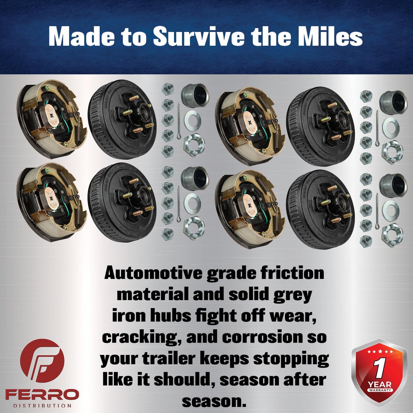 Trailer Brake & Hub Kit – Four 10" x 2.25" Manual‑Adjusting Brakes + Four 10" Loaded Hubs, 3,500 lb Axles (Ferro Distribution) F02045