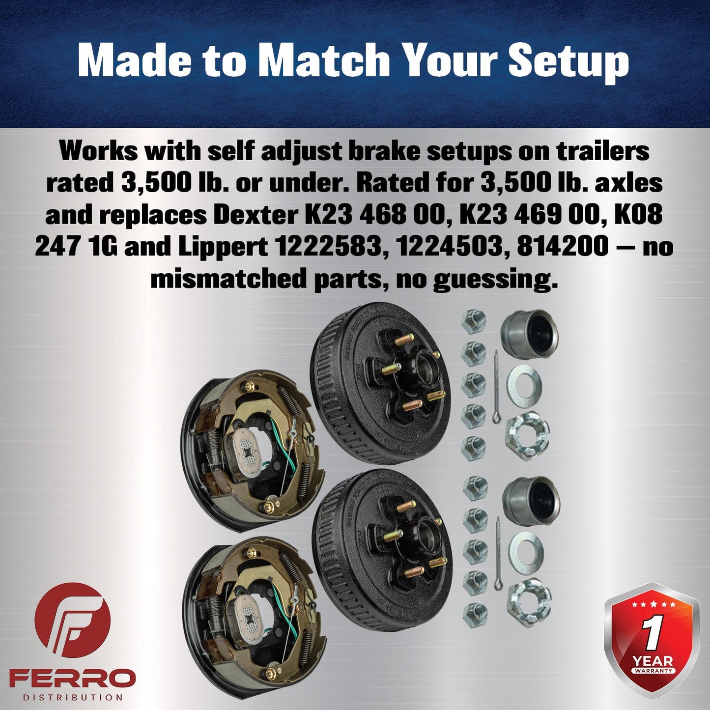 Trailer Brake & Hub Kit – Two 10" x 2.25" Self‑Adjusting Electric Brakes + Two 10" Loaded Hubs, 3,500 lb Axles (Ferro Distribution) F02048
