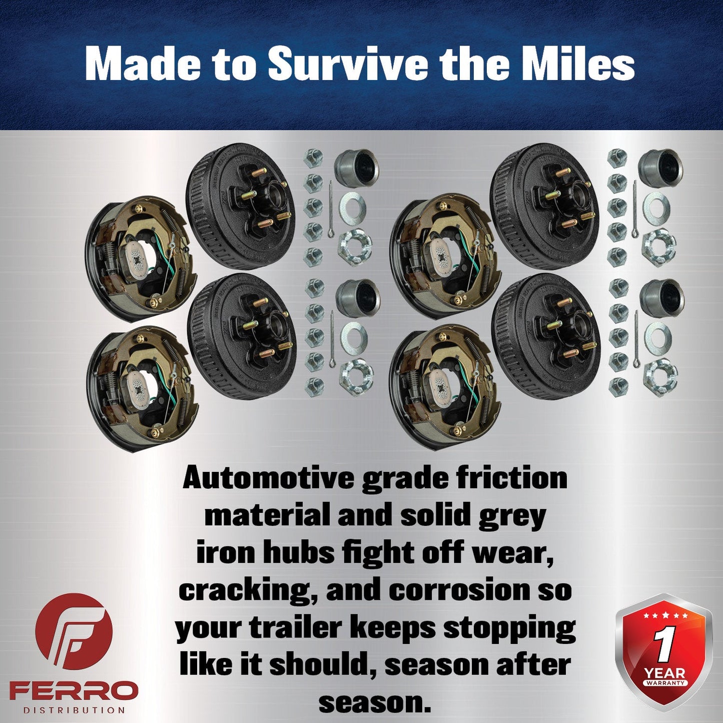 Trailer Brake & Hub Kit – Four 10" x 2.25" Self‑Adjusting Electric Brakes + Four 10" Loaded Hubs, 3,500 lb Axles (Ferro Distribution) F02049