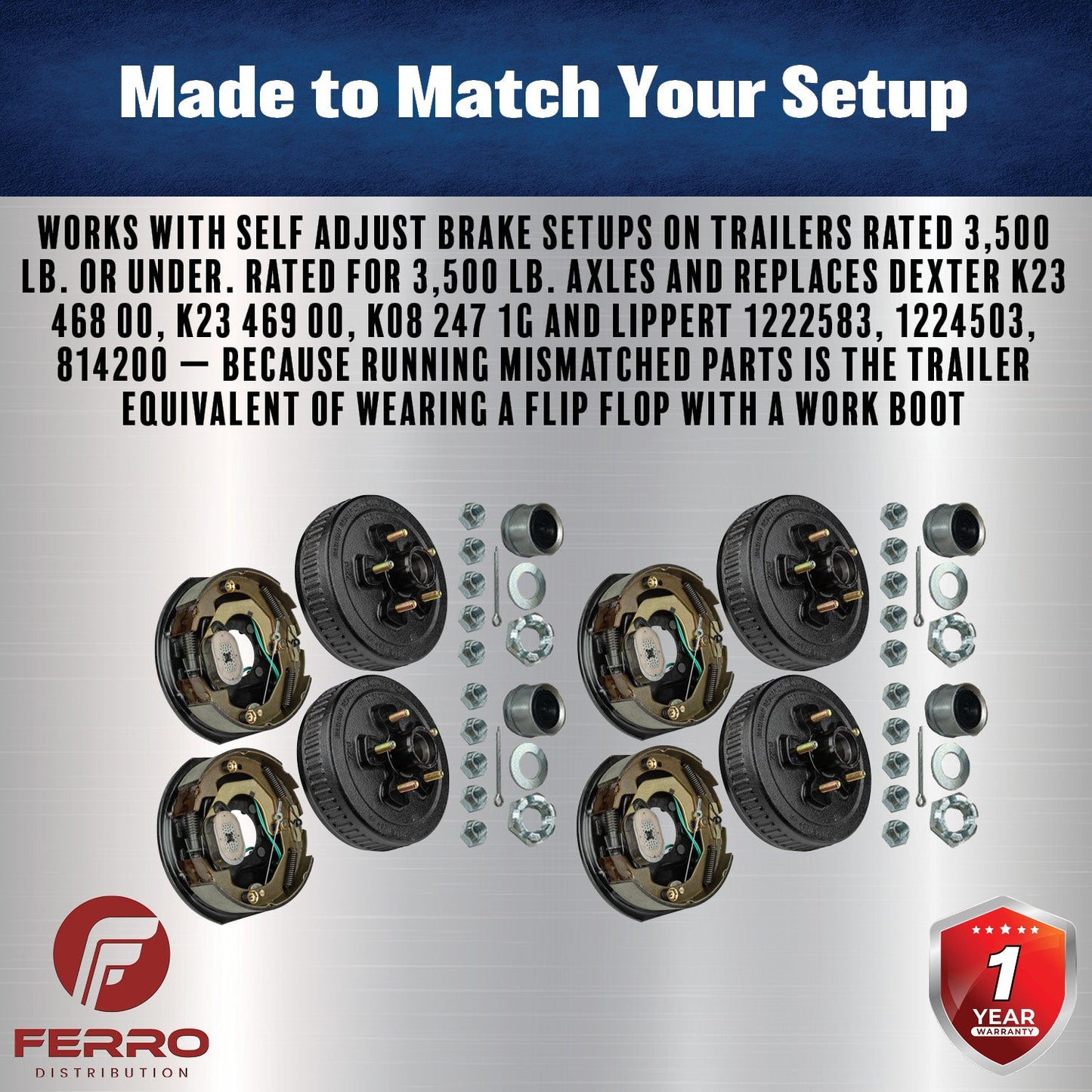 Trailer Brake & Hub Kit – Four 10" x 2.25" Self‑Adjusting Electric Brakes + Four 10" Loaded Hubs, 3,500 lb Axles (Ferro Distribution) F02049