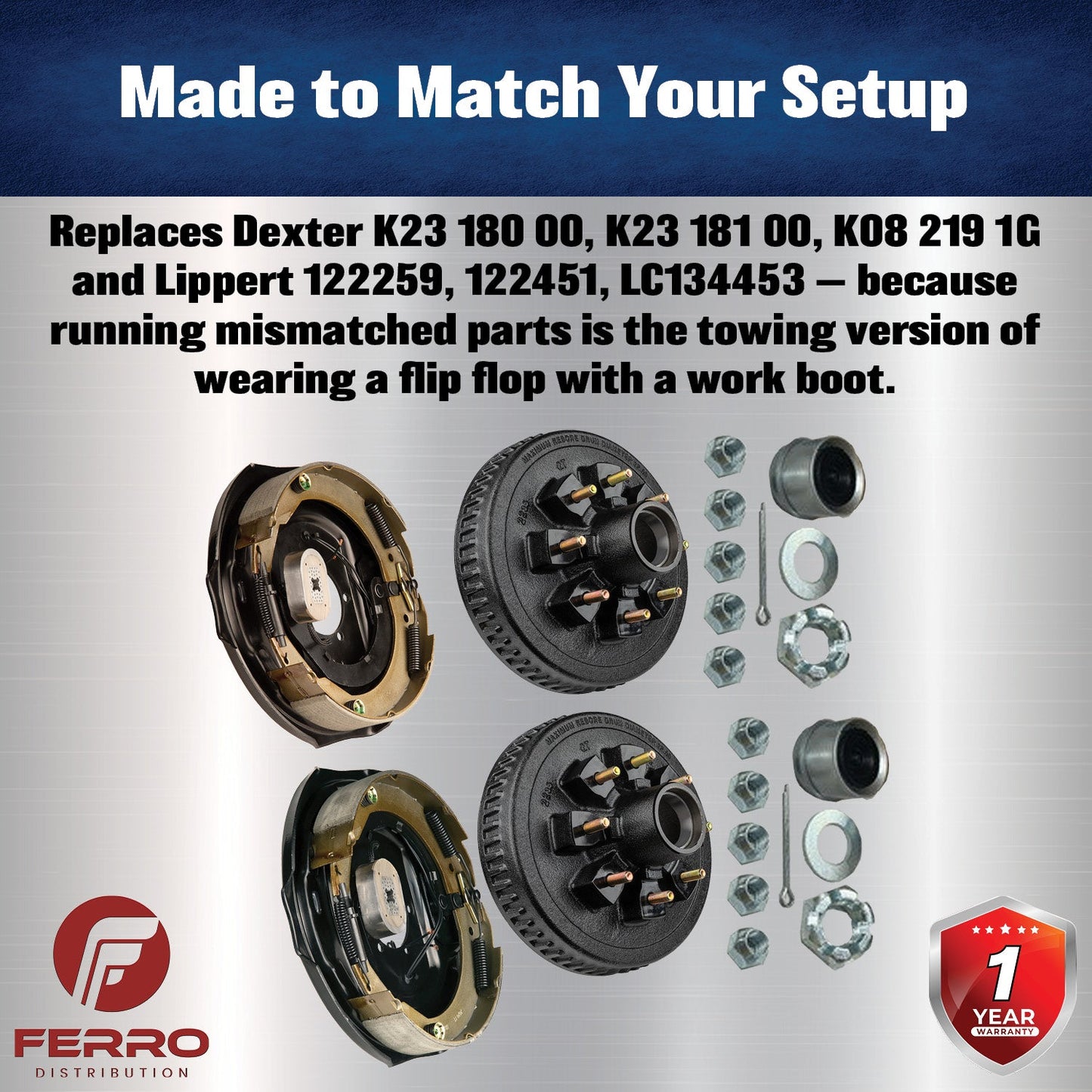 Trailer Brake & Hub Kit – Two 12" x 2" Manual‑Adjusting Electric Brakes + Two 12" Loaded Hubs, 7,000 lb Axles (Ferro Distribution) F02052