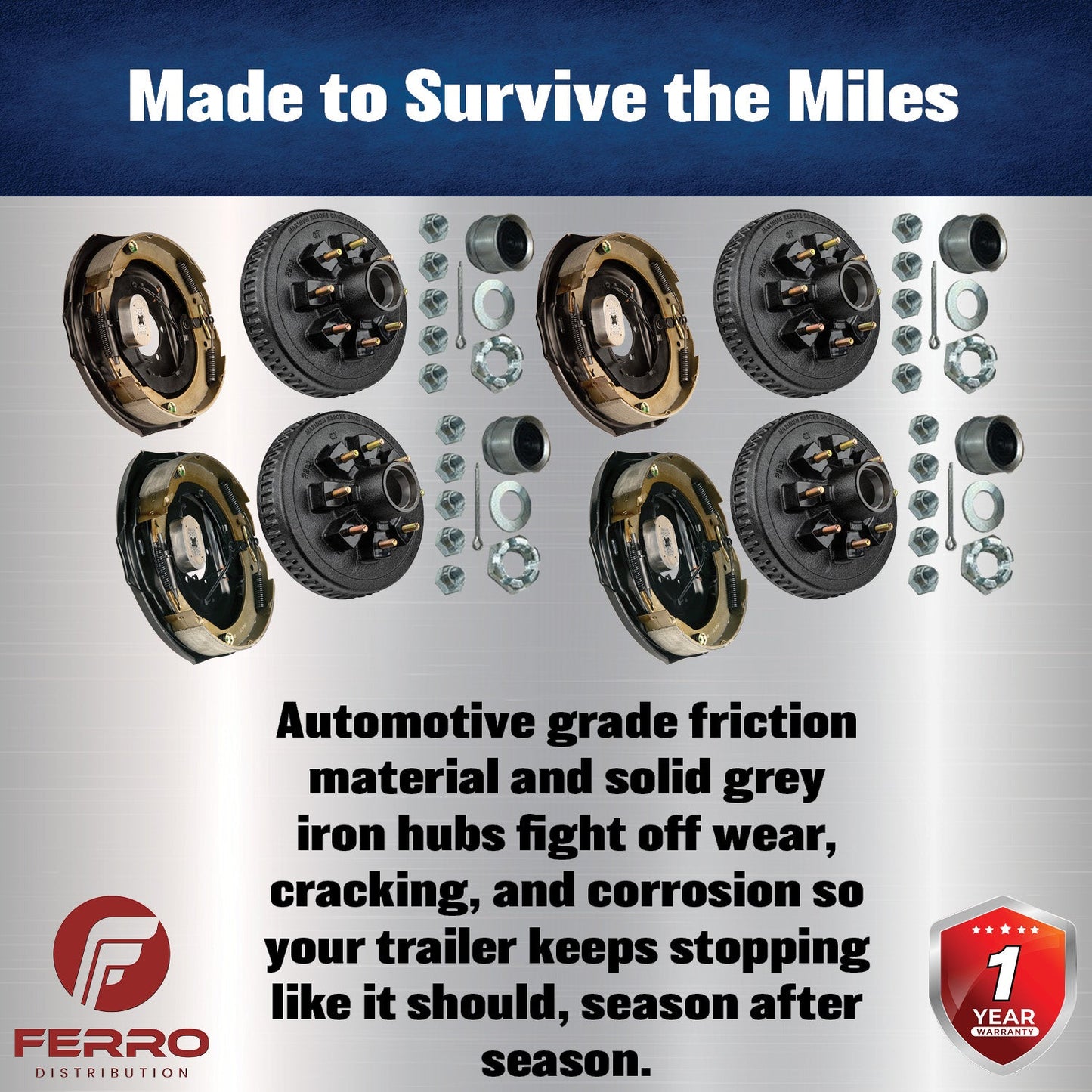 Trailer Brake & Hub Kit – Four 12" x 2" Manual‑Adjusting Electric Brakes + Four 12" Loaded Hubs, 7,000 lb Axles (Ferro Distribution) F02053