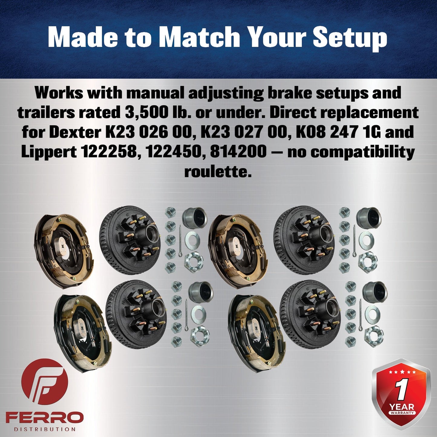 Trailer Brake & Hub Kit – Four 12" x 2" Manual‑Adjusting Electric Brakes + Four 12" Loaded Hubs, 7,000 lb Axles (Ferro Distribution) F02053