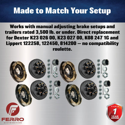 Trailer Brake & Hub Kit – Four 12" x 2" Manual‑Adjusting Electric Brakes + Four 12" Loaded Hubs, 7,000 lb Axles (Ferro Distribution) F02053