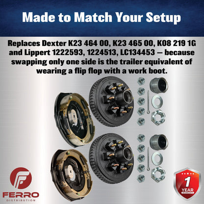Trailer Brake & Hub Kit – Two 12" x 2" Self‑Adjusting Electric Brakes + Two 12" Loaded Hubs, 7,000 lb Axles (Ferro Distribution) F02056
