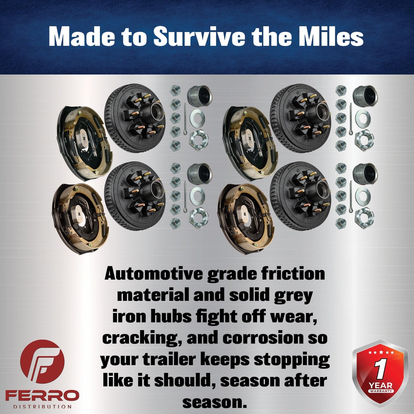 Trailer Brake & Hub Kit – Four 12" x 2" Self‑Adjusting Electric Brakes + Four 12" Loaded Hubs, 7,000 lb Axles (Ferro Distribution) F02057